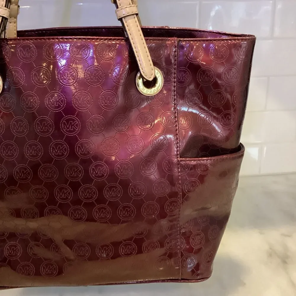 Michael Kors Bag Purse Handbag Leather Embossed Signature Patent EW Jet Set Tote
